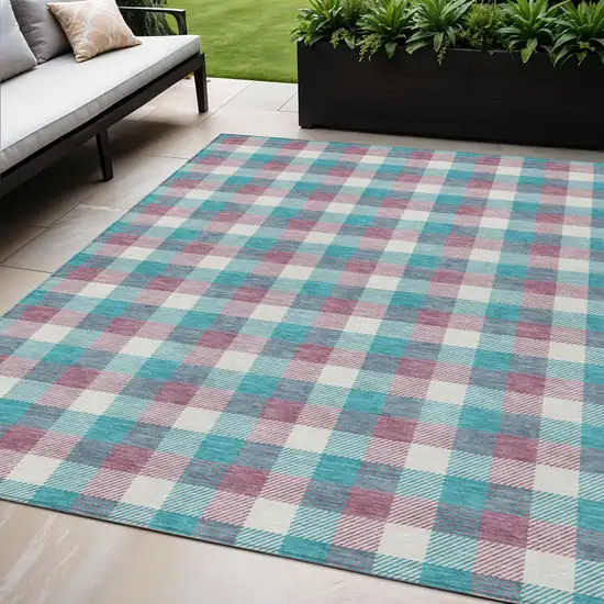 Teal Blue Purple And Beige Plaid Washable Indoor Outdoor Area Rug Photo 1