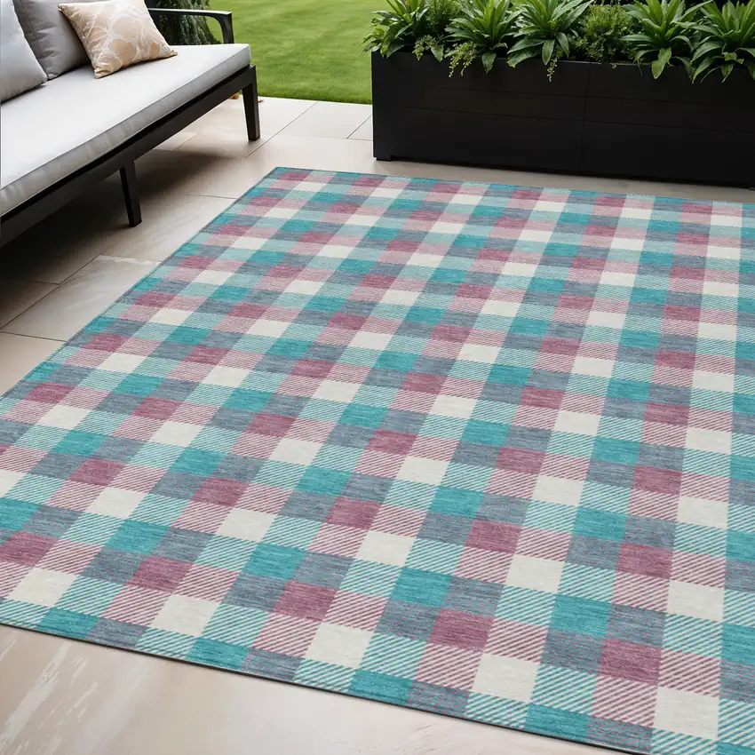Teal Blue Purple And Beige Plaid Washable Indoor Outdoor Area Rug Photo 1