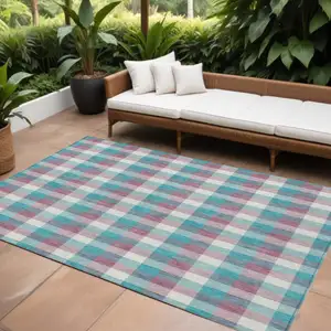 Photo of Teal Blue Purple And Beige Plaid Washable Indoor Outdoor Area Rug