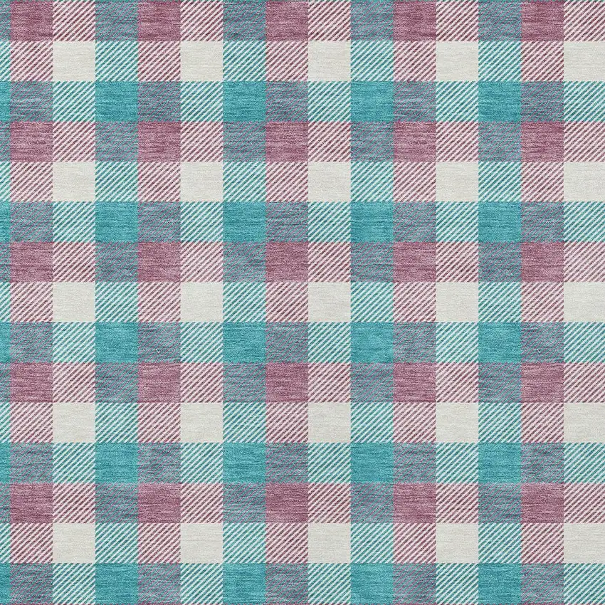 Teal Blue Purple And Beige Plaid Washable Indoor Outdoor Area Rug Photo 5