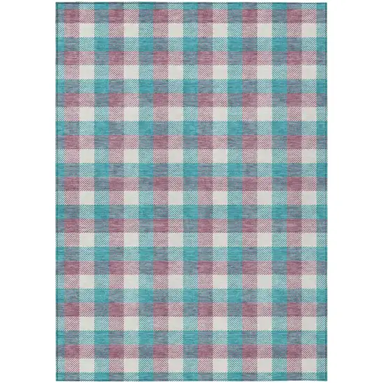 Teal Blue Purple And Beige Plaid Washable Indoor Outdoor Area Rug Photo 2