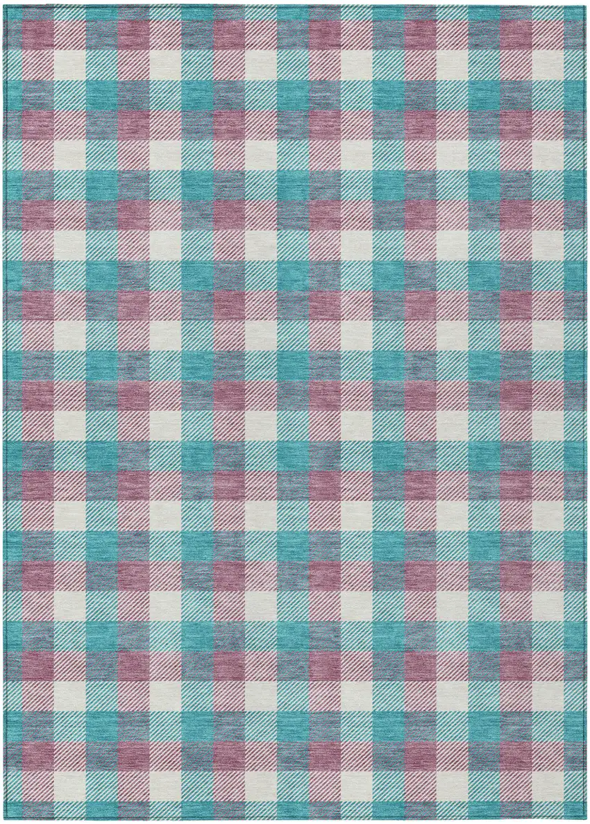 Teal Blue Purple And Beige Plaid Washable Indoor Outdoor Area Rug Photo 2