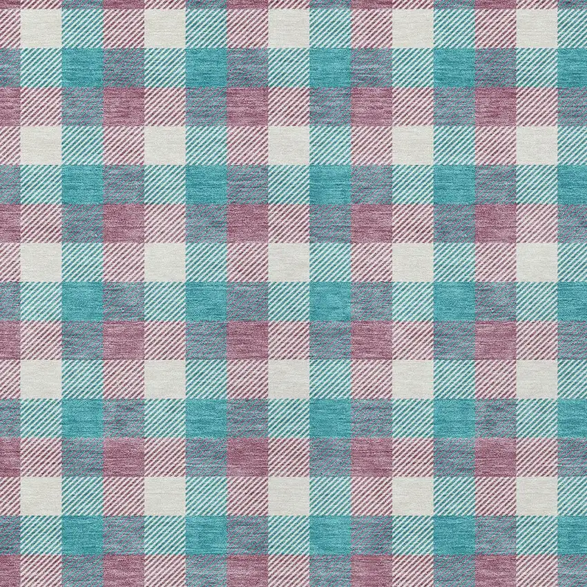 Teal Blue Purple And Beige Plaid Washable Indoor Outdoor Area Rug Photo 5