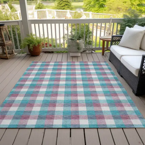 Teal Blue Purple And Beige Plaid Washable Indoor Outdoor Area Rug Photo 7