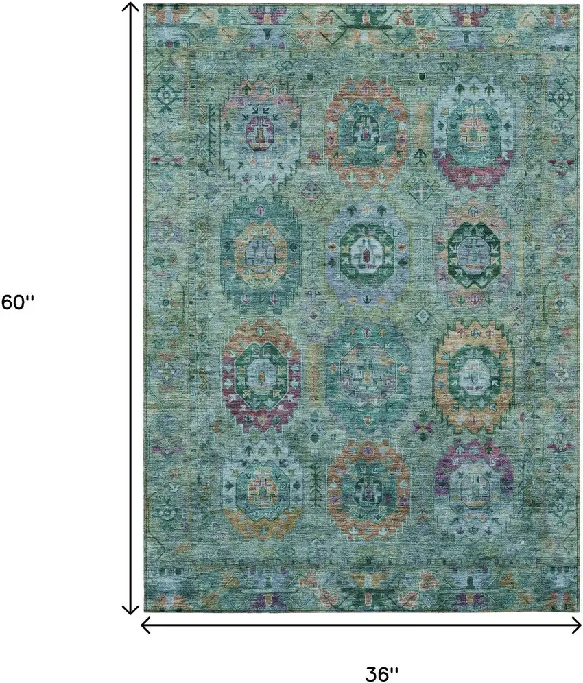 Teal Blue Purple And Gold Medallion Washable Indoor Outdoor Area Rug Photo 3