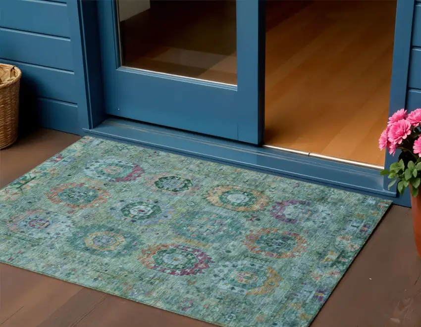 Teal Blue Purple And Gold Medallion Washable Indoor Outdoor Area Rug Photo 1