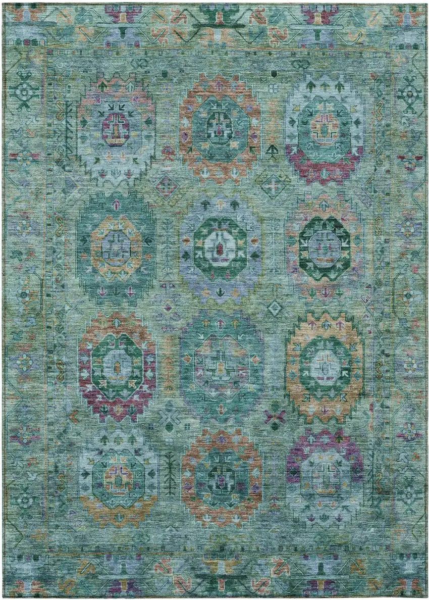 Teal Blue Purple And Gold Medallion Washable Indoor Outdoor Area Rug Photo 2