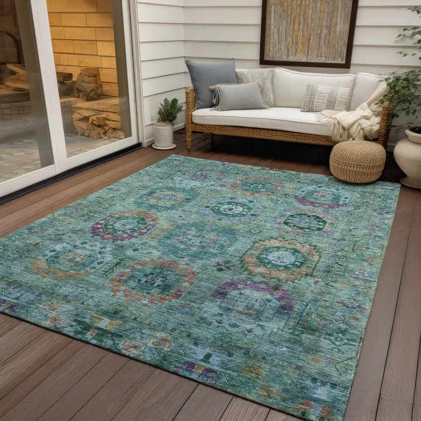 Teal Blue Purple And Gold Medallion Washable Indoor Outdoor Area Rug Photo 9