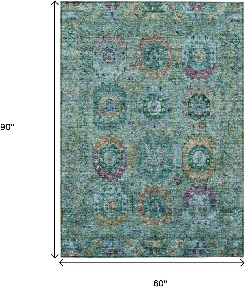 Teal Blue Purple And Gold Medallion Washable Indoor Outdoor Area Rug Photo 3