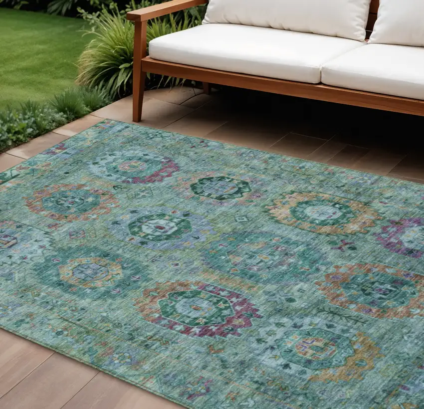 Teal Blue Purple And Gold Medallion Washable Indoor Outdoor Area Rug Photo 1