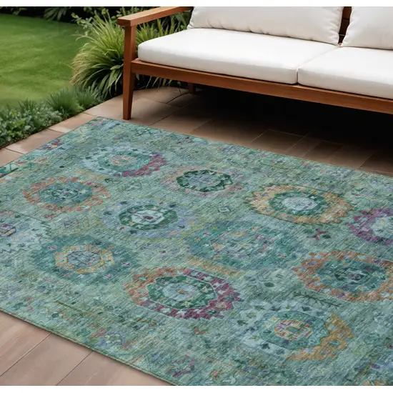 Teal Blue Purple And Gold Medallion Washable Indoor Outdoor Area Rug Photo 1