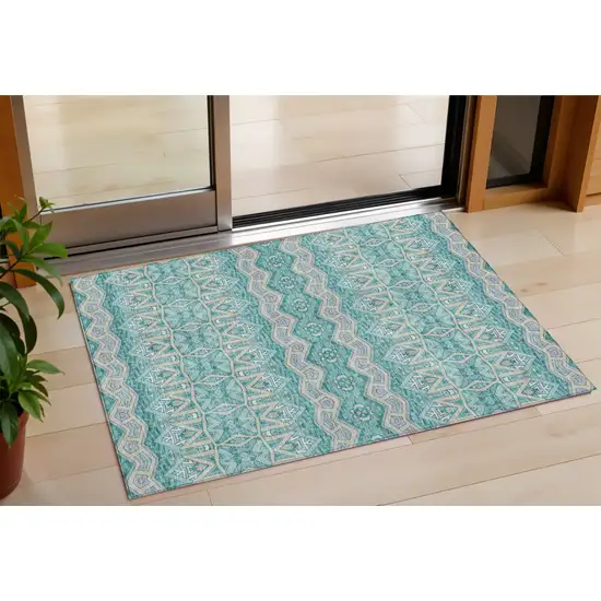 Teal Blue Purple And Gray Moroccan Washable Indoor Outdoor Area Rug Photo 1