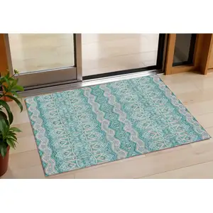 Photo of Teal Blue Purple And Gray Moroccan Washable Indoor Outdoor Area Rug