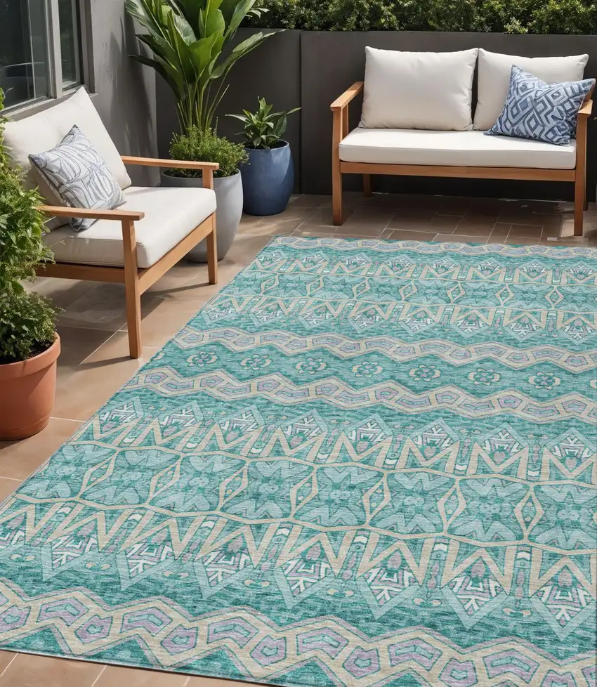 Teal Blue Purple And Gray Moroccan Washable Indoor Outdoor Area Rug Photo 1