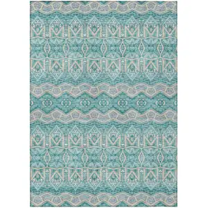 Photo of Teal Blue Purple And Gray Moroccan Washable Indoor Outdoor Area Rug