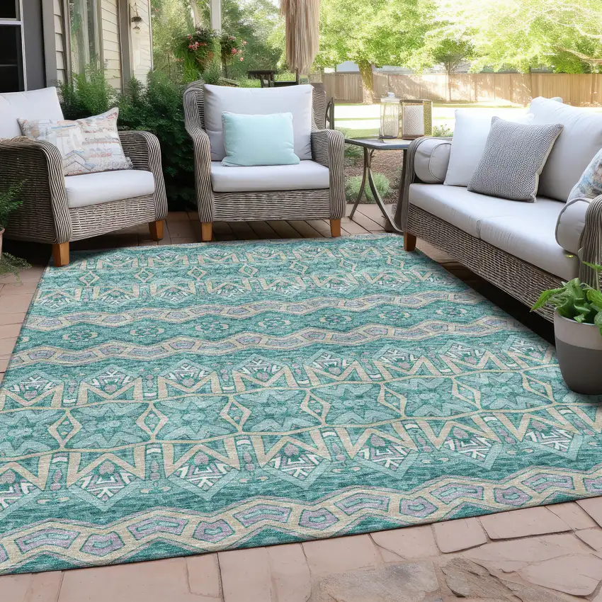 Teal Blue Purple And Gray Moroccan Washable Indoor Outdoor Area Rug Photo 8