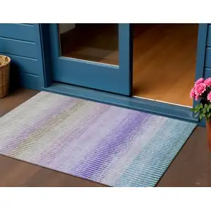 Photo of Teal Blue Purple And Gray Striped Washable Indoor Outdoor Area Rug