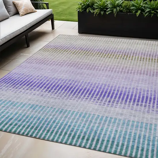 Teal Blue Purple And Gray Striped Washable Indoor Outdoor Area Rug Photo 1