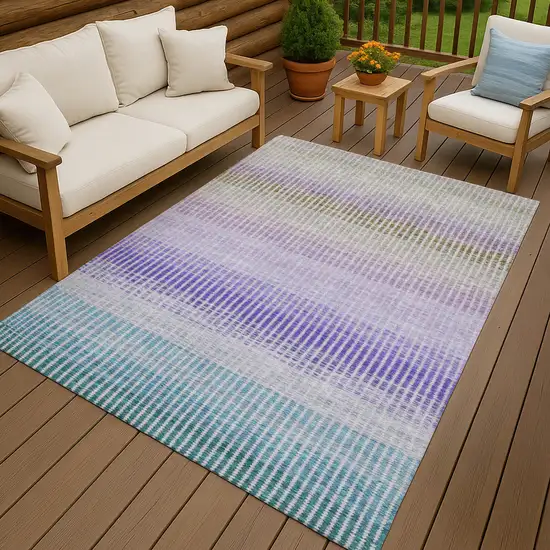 Teal Blue Purple And Gray Striped Washable Indoor Outdoor Area Rug Photo 9