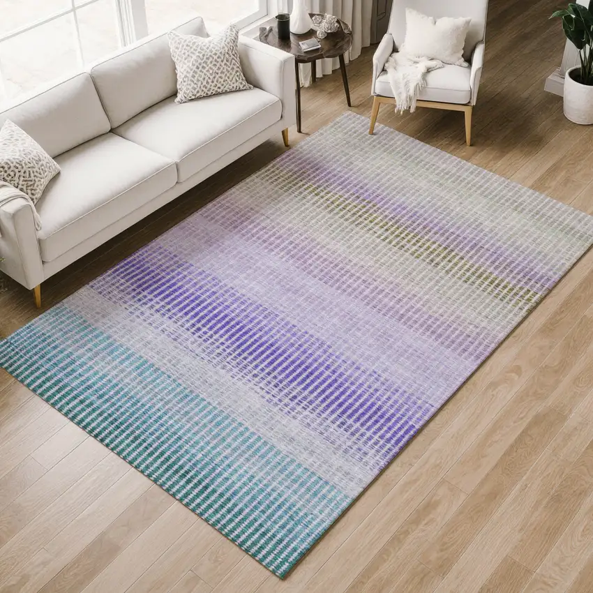 Teal Blue Purple And Gray Striped Washable Indoor Outdoor Area Rug Photo 7