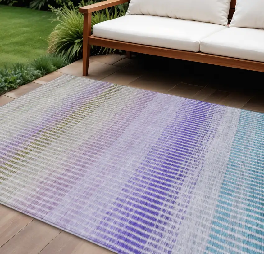 Teal Blue Purple And Gray Striped Washable Indoor Outdoor Area Rug Photo 1