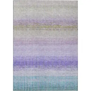 Photo of Teal Blue Purple And Gray Striped Washable Indoor Outdoor Area Rug
