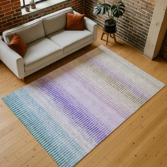 Teal Blue Purple And Gray Striped Washable Indoor Outdoor Area Rug Photo 6