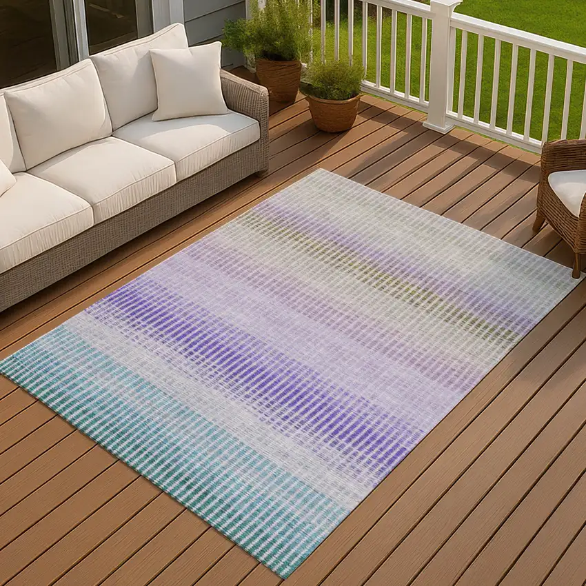 Teal Blue Purple And Gray Striped Washable Indoor Outdoor Area Rug Photo 4