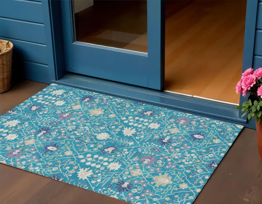 Teal Blue Purple And Ivory Oriental Washable Indoor Outdoor Area Rug Photo 1