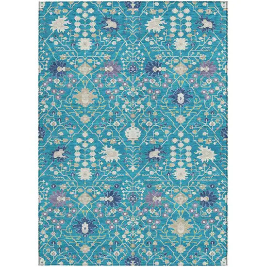 Teal Blue Purple And Ivory Oriental Washable Indoor Outdoor Area Rug Photo 7