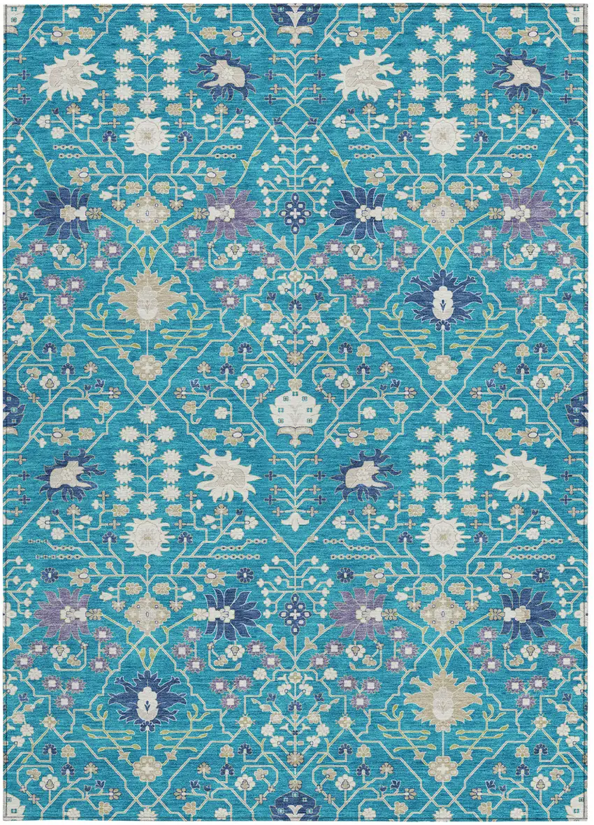 Teal Blue Purple And Ivory Oriental Washable Indoor Outdoor Area Rug Photo 7