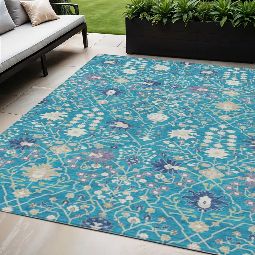 Teal Blue Purple And Ivory Oriental Washable Indoor Outdoor Area Rug Photo 1