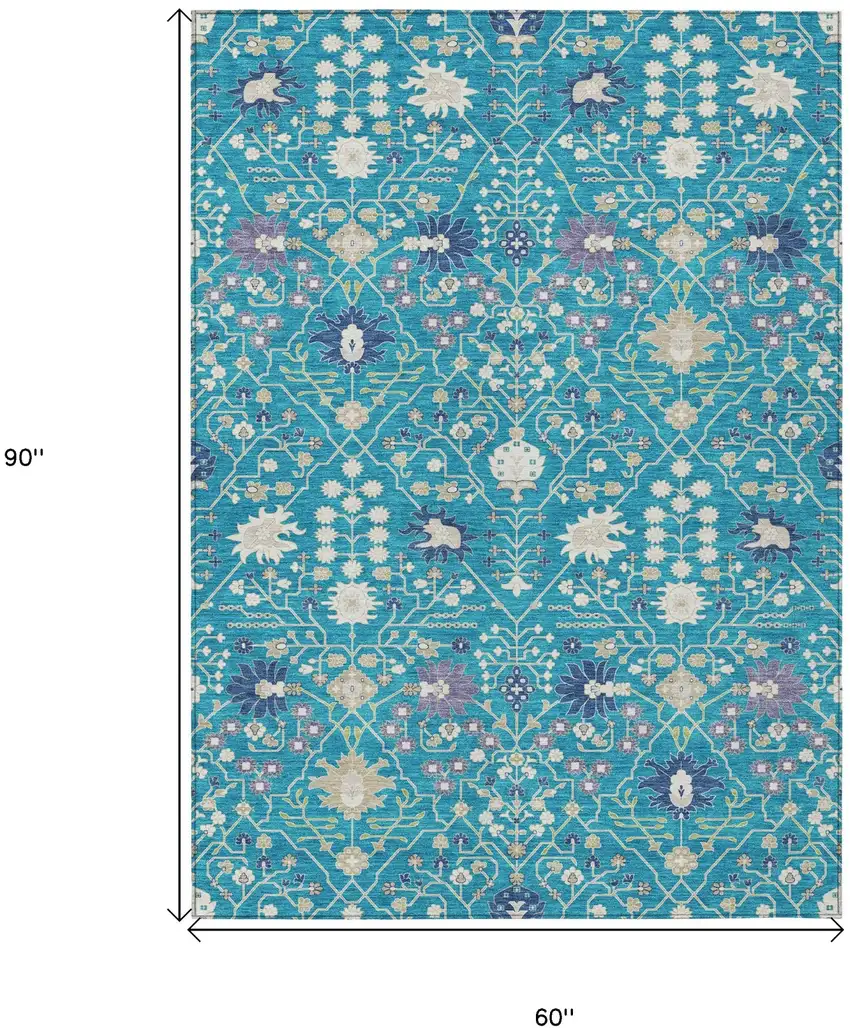 Teal Blue Purple And Ivory Oriental Washable Indoor Outdoor Area Rug Photo 3
