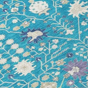 Photo of Teal Blue Purple And Ivory Oriental Washable Indoor Outdoor Area Rug