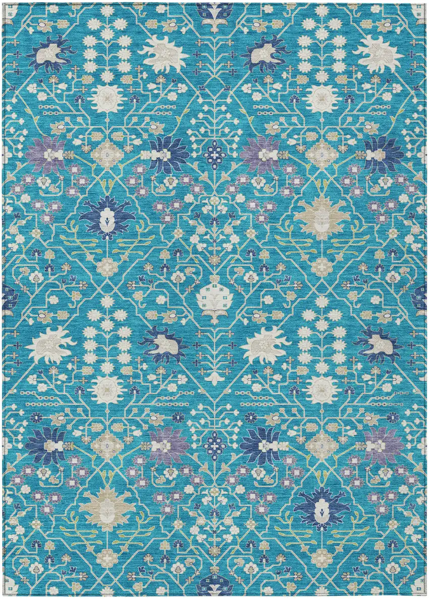 Teal Blue Purple And Ivory Oriental Washable Indoor Outdoor Area Rug Photo 2