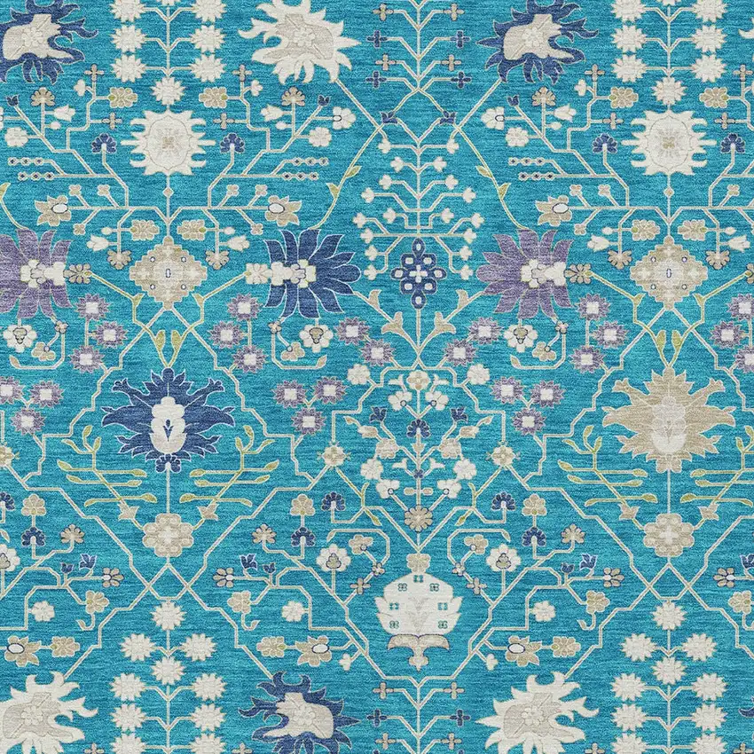 Teal Blue Purple And Ivory Oriental Washable Indoor Outdoor Area Rug Photo 6