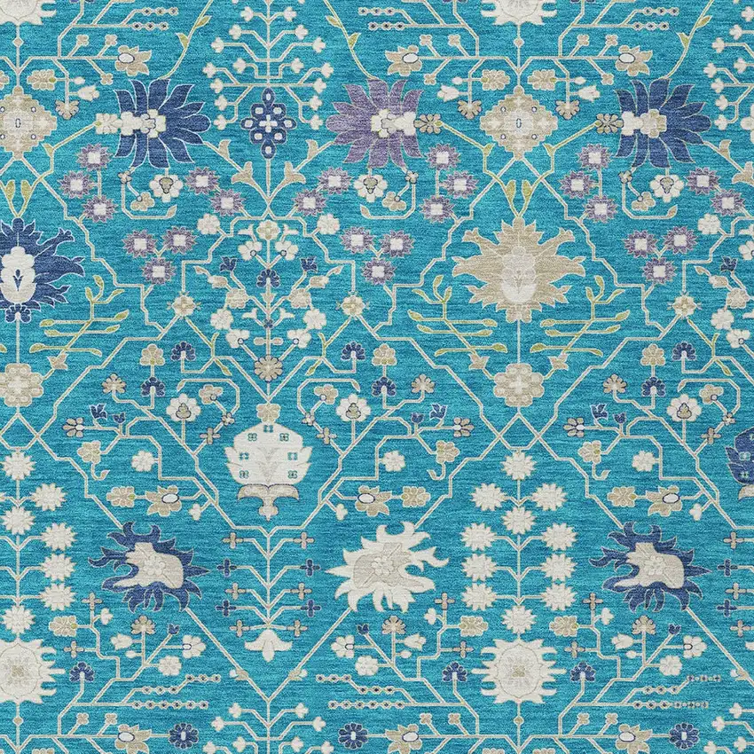 Teal Blue Purple And Ivory Oriental Washable Indoor Outdoor Area Rug Photo 6