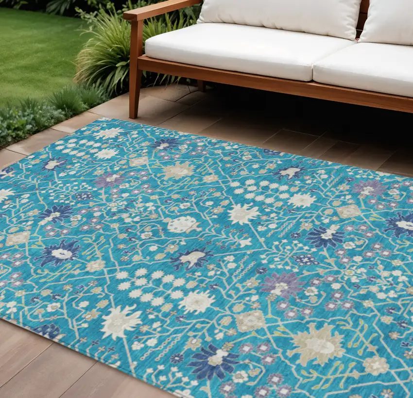 Teal Blue Purple And Ivory Oriental Washable Indoor Outdoor Area Rug Photo 1