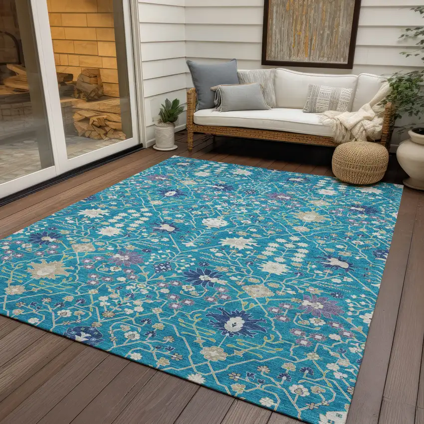Teal Blue Purple And Ivory Oriental Washable Indoor Outdoor Area Rug Photo 8