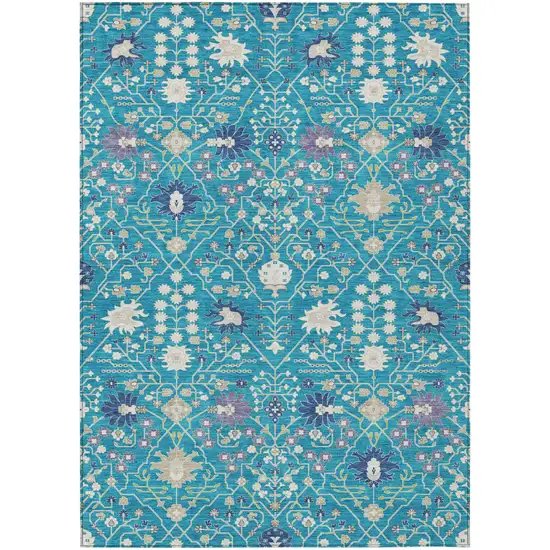 Teal Blue Purple And Ivory Oriental Washable Indoor Outdoor Area Rug Photo 2