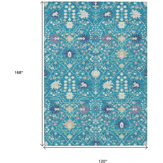 Teal Blue Purple And Ivory Oriental Washable Indoor Outdoor Area Rug Photo 3