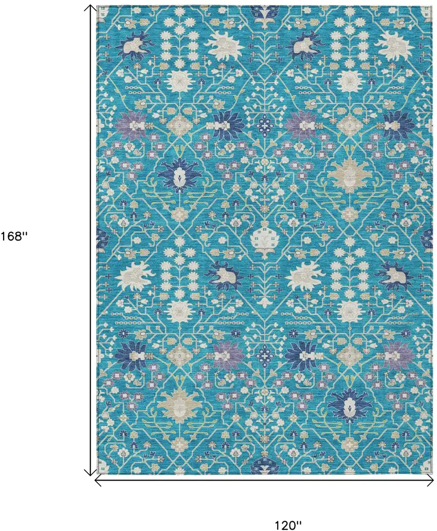 Teal Blue Purple And Ivory Oriental Washable Indoor Outdoor Area Rug Photo 3