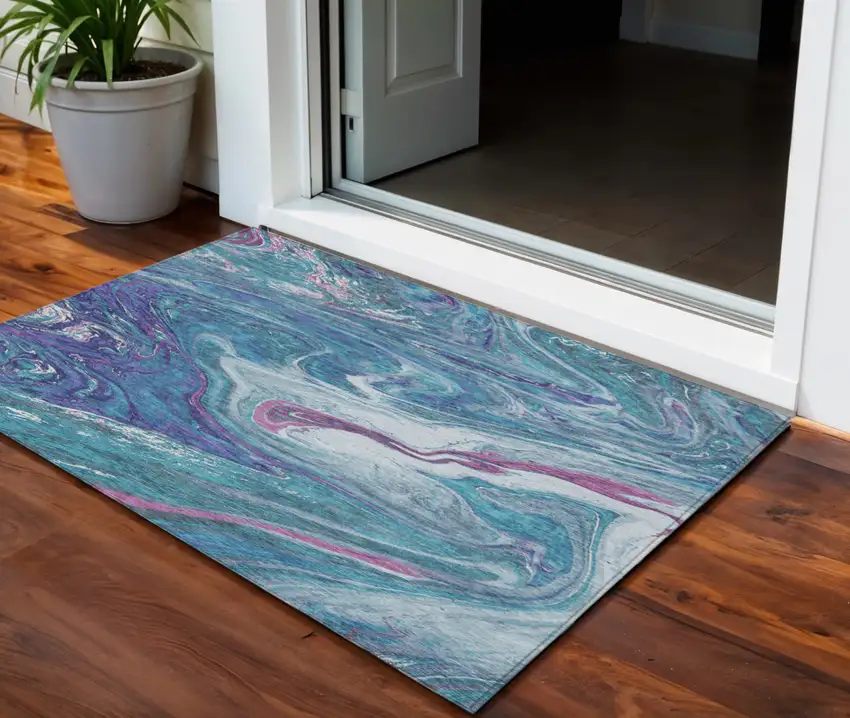 Teal Blue Purple And Pink Abstract Washable Indoor Outdoor Area Rug Photo 1