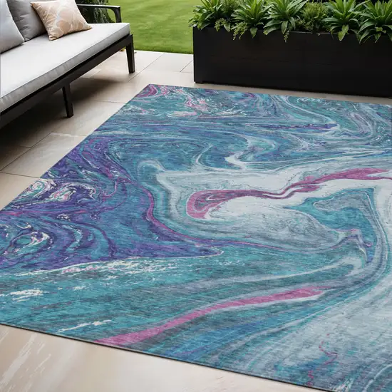 Teal Blue Purple And Pink Abstract Washable Indoor Outdoor Area Rug Photo 1