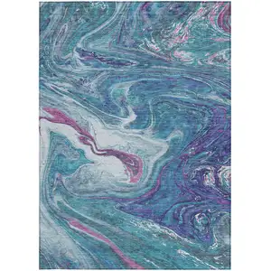 Photo of Teal Blue Purple And Pink Abstract Washable Indoor Outdoor Area Rug
