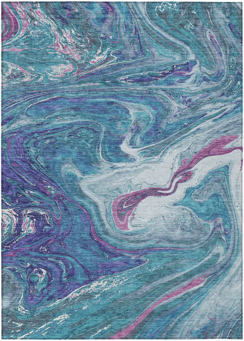 Teal Blue Purple And Pink Abstract Washable Indoor Outdoor Area Rug Photo 2