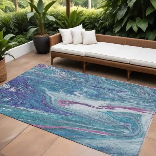 Teal Blue Purple And Pink Abstract Washable Indoor Outdoor Area Rug Photo 1