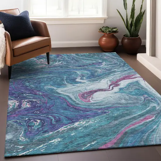Teal Blue Purple And Pink Abstract Washable Indoor Outdoor Area Rug Photo 9