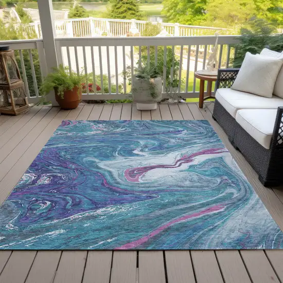 Teal Blue Purple And Pink Abstract Washable Indoor Outdoor Area Rug Photo 8