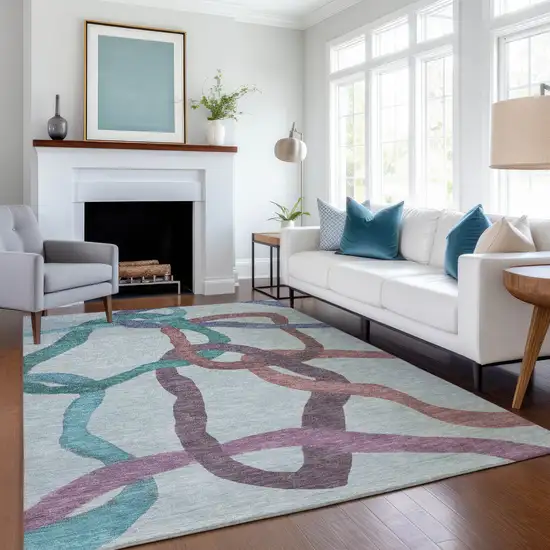 Teal Blue Red And Mauve Abstract Washable Indoor Outdoor Area Rug Photo 6